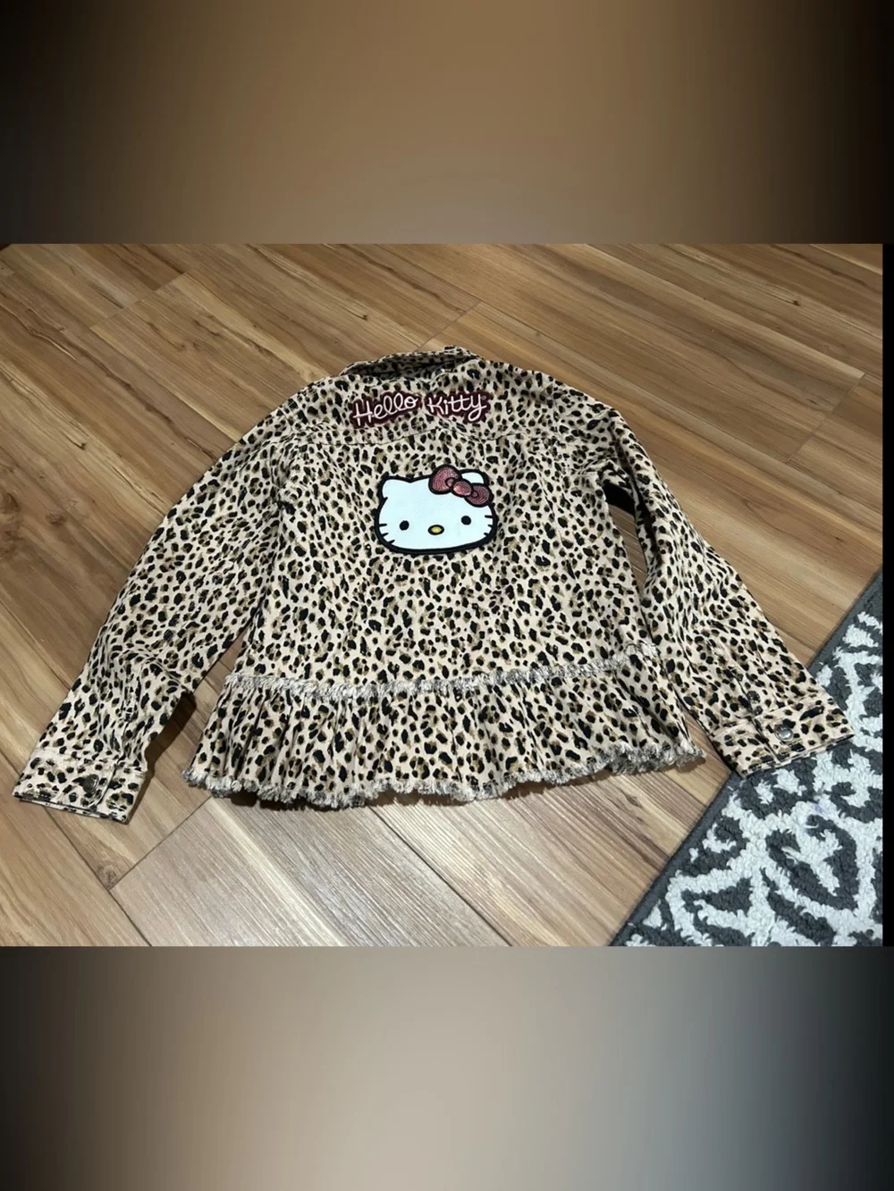 Hello Kitty Leopard Print Ruffle Hem Jean Jacket Size 7